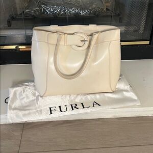 Furla Cream Top Handle Bag with Belt Buckle Embellishment